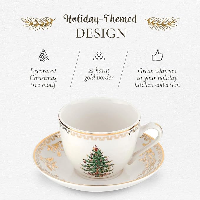 Spode Christmas Tree Gold 4-Piece Holiday Dinnerware Set - Fine Earthenware Tableware with 22K Gold Accents - Dinner Plate, Salad Plate, Teacup, Saucer - Festive Christmas Tableware, Dishwasher Safe
