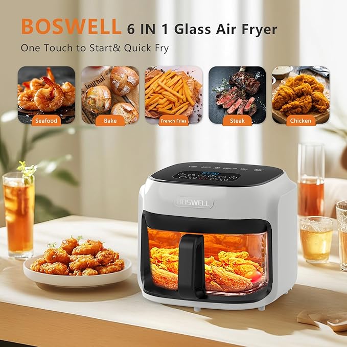 BOSWELL Glass Air Fryer, 7.5QT with Transparent Fry Bowl, Circulating Heating, Temperature Control, Stainless Steel Air Fryer Roast, Dishwasher Safe (white)