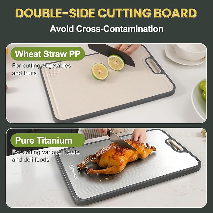 Titanium Cutting Board for Kitchen, Cutting Boards Large Size, Double Sided Chopping Board, Pure Titanium/Wheat Straw PP, 15.2×10.4 inch, Dishwasher Safe-1 PC