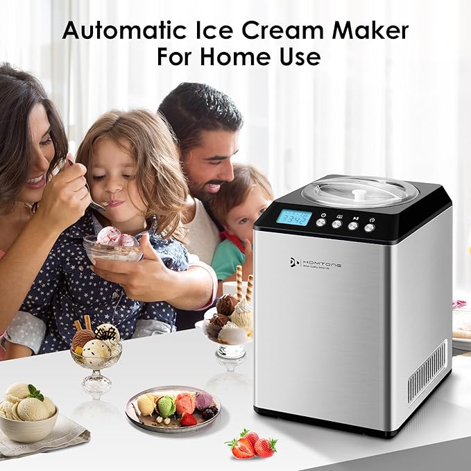Homtone 2.64QT Ice Cream Maker with Compressor, Largest Capacity Automatic Ice Cream Maker Machine - No Pre Freezing, Gelato Maker with 3 Modes, LCD Digital Display, All Stainless Steel, 2H Keep Cool