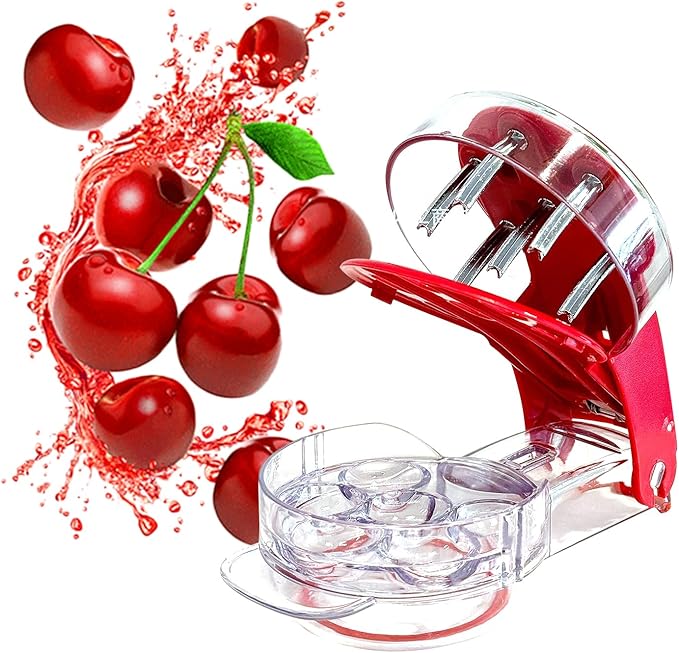 Cherry Pitter, Multi Cherry Stoner, Stainless Steel Multiple Cherry Stone Remover Tool, Cherry Seed Remover, Cherry Stone Seed Removal Core Easy Squeeze with Grip 6 Cherries Red
