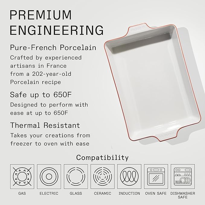 Made In Cookware - Rectangular Baking Dish - Red Rim - Hand Crafted Porcelain - Professional Bakeware - Made in France
