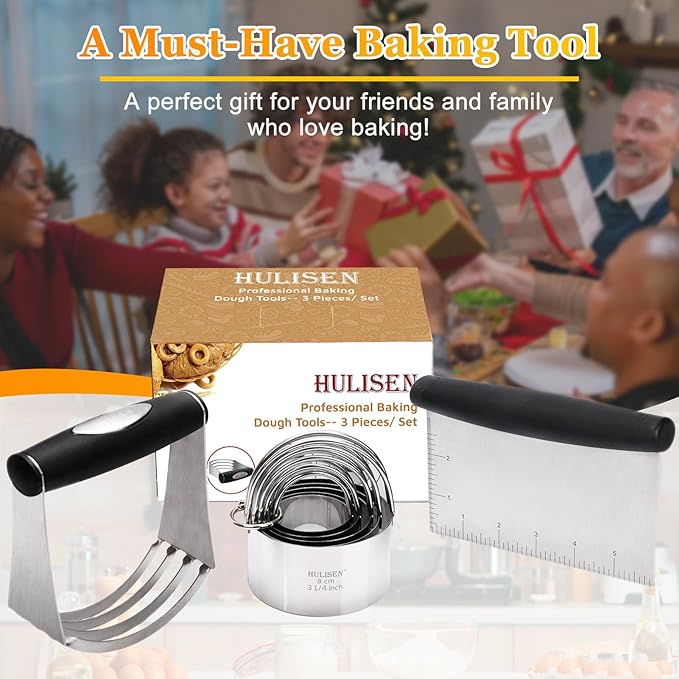 HULISEN Stainless Steel Biscuit Cutter Set, Pastry Scraper and Dough Blender, Sturdy & Long-Lasting with Ergonomic Rubber Grip, Professional Baking Dough Tools, Gift Package (3 Pcs/Set)