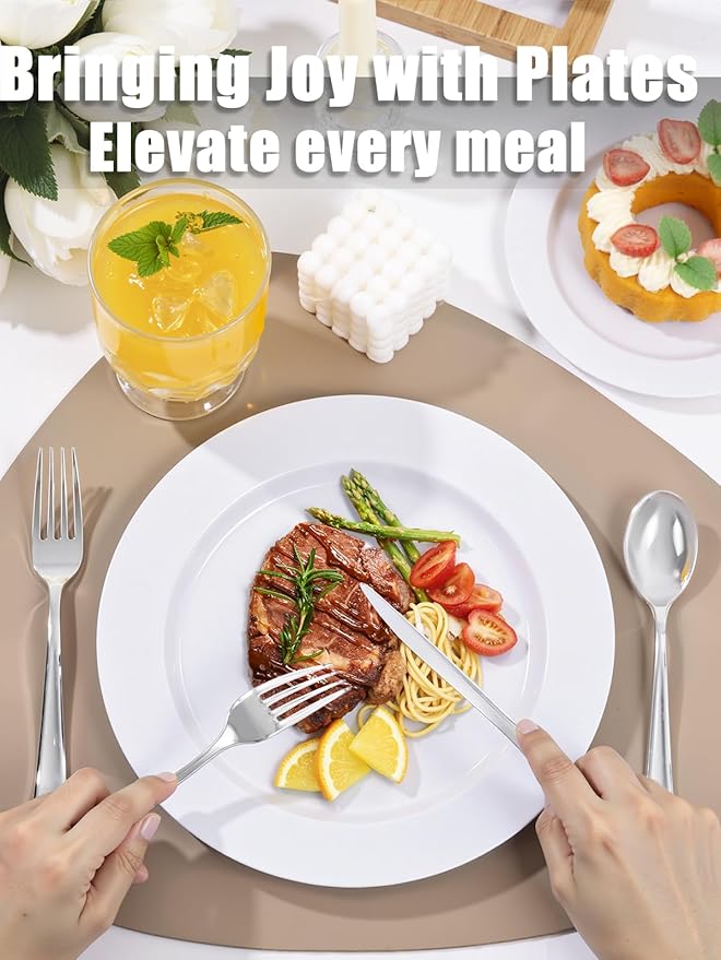 WDF 200pcs White Plastic Plates Disposable - Heavy Duty Plastic Plates for Party - Include 100 x 10" Dinner Plate and 100 x 7" Dessert/Cake Plate - Ideal for Weddings/Parties/Events