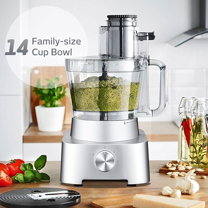 14-Cup Aluminum-Diecast Food-Processor-XL Bowl, Large Chute, 800W Motor & Silver Die-Cast Base, Slicing & Shredding, Chopping & Mixing, For Fries, Cheese, Meat & Veggie Prep, For Home Kitchen