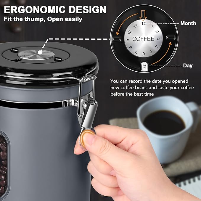ROCKY&CHAO 2800ML Coffee Canister with Date Tracker&Transparent Window, 35OZ Coffee Container with 30ML Measure Spoon&4 co2 Valve, Coffee Bean Storage Container for Grounds Coffee, Beans, Tea(Gray)