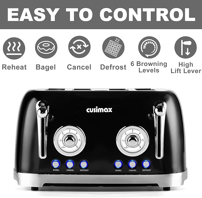 CUSIMAX Retro 4-Slice Toaster with Wide Slots, Stainless Steel, 6 Toast Settings, Bagel, Cancel, Defrost & Reheat Functions, Dual Independent Control Panels, Black