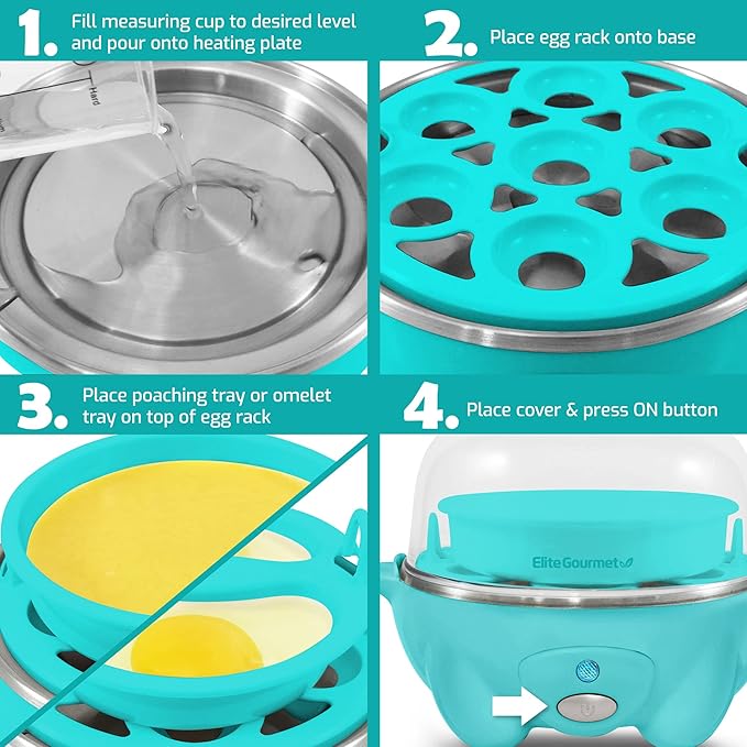 Elite Gourmet Easy Electric 7 Egg Capacity Soft, Medium, Hard-Boiled Cooker Poacher, Scrambled, Omelet Maker with Auto Shut-Off and Buzzer, BPA Free