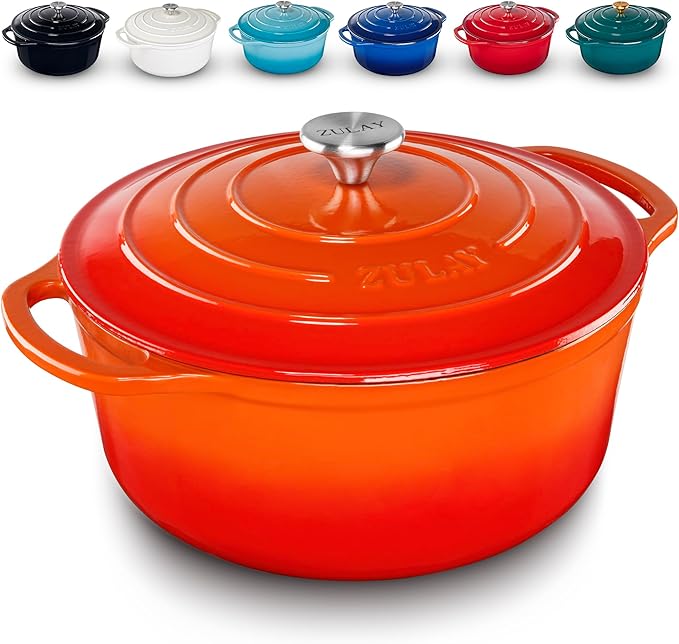 Zulay Kitchen 6 Quart Enameled Cast Iron Dutch Oven with Lid – Premium Durability & Oven Safe up to 500°F – Heavy Duty Cookware Perfect for Bread Baking, Stews, Braising & Roasting – Orange