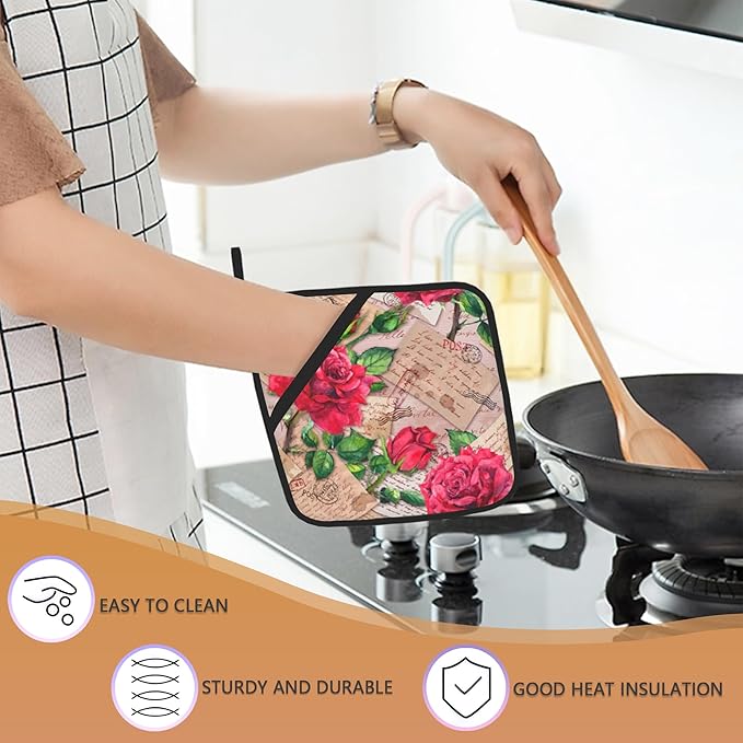 2 Pack Vintage Red Roses Pot Holders for Kitchen Heat Resistant, Potholders for Kitchens Washable for Cooking & Baking & Microwave