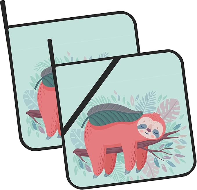 Cute Sloth Sleeping Pot Holders 2 PCS for Kitchen, Heat Resistant Hot Pads for Cooking Grilling Baking BBQ, Pot Holders for Women Cook Essentials Accessories Home Microwave