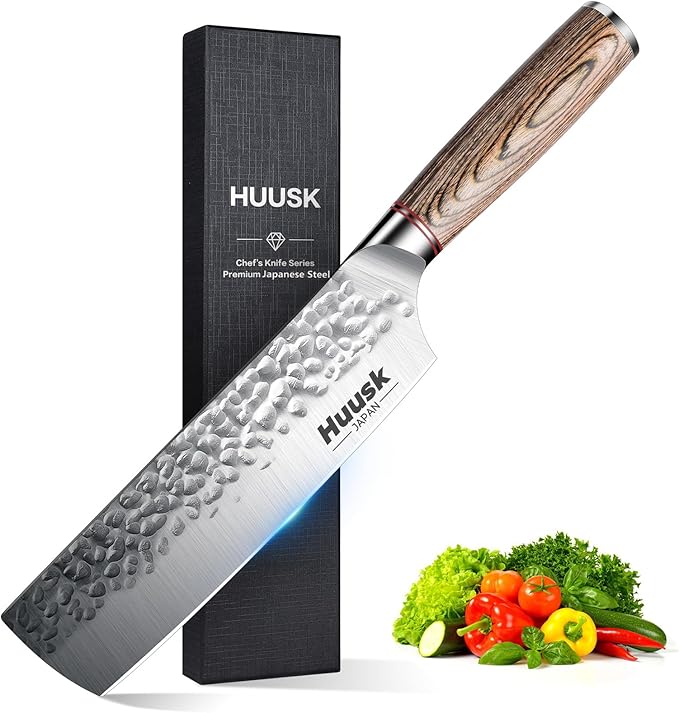 Huusk Japan Knife, Nakiri Chef Knife 7 Inch Professional High Carbon Steel Hand Forged Chef Vegetable Knife Sharp, Multipurpose Kitchen Knife Father's Day Gift,Ergonomic Pakkawood Handle