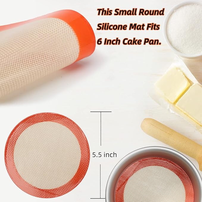 6 Inch Round Baking Mats, Food Grade Silicone Mats for Cake Pan/Tortilla Maker, Premium Non-Stick Reusable 6 Inch Tortilla Press Liner for Small Cake/Tortilla/Pie/Pizza, Round 5.5" Orange, 3PCS
