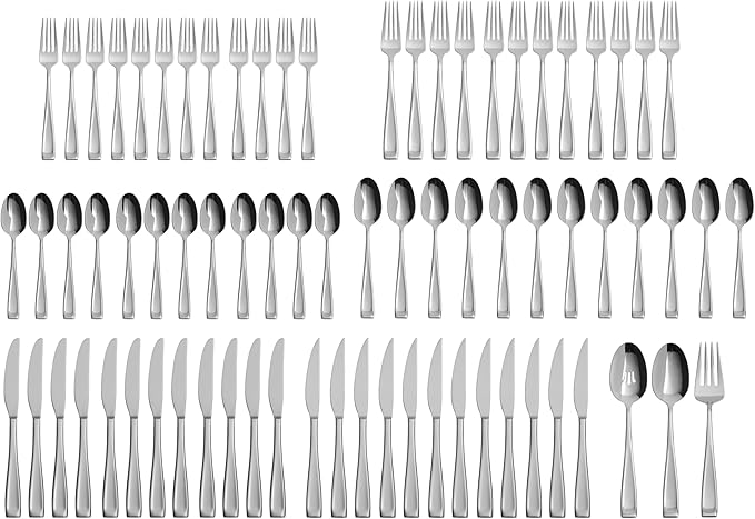 ONEIDA Silverware Set For 12, Moda 75-Piece Fine Flatware Set with Serving Utensils, Service For 12, 18/10 Stainless Steel, Mirror Finish, Dishwasher Safe, Knives Spoons and Forks Set(Silver 75 Piece)