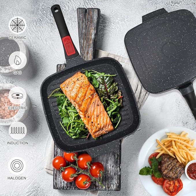 Griddle Pan with Detachable Handle, 10 Inch Cast Aluminium Non Stick Steak Pan for Induction Hob, Black