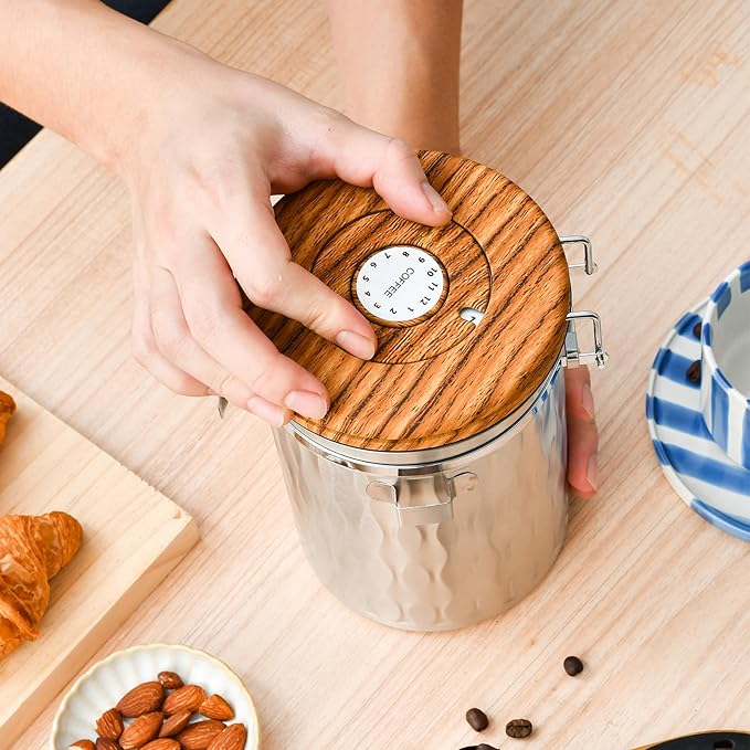 TEDSWAIT Coffee Container with Sealed Cantilever Lid and Scoop, Airtight Stainless Steel Kitchen Food Storage Canister with Date Tracker, 1.8L(Silver)