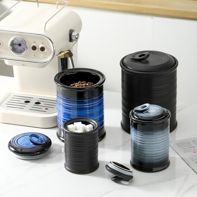 Nihow Food Storage Jar Sets: Ceramic Container with Air Tight Lid for Flour/Sugar/Rice/Coffee/Cookies/Candy - Seal Damp-proof Canister for The Kitchen Counter - Set of 4 (Matte Black)