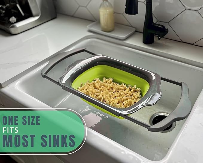 XL Large Kitchen Strainer by Comfify - Collapsible Silicone Over-The-Sink Colander with Extendable Handles - Use with Pasta, Fruit, Berries & Veggie - 6 Quart - Green