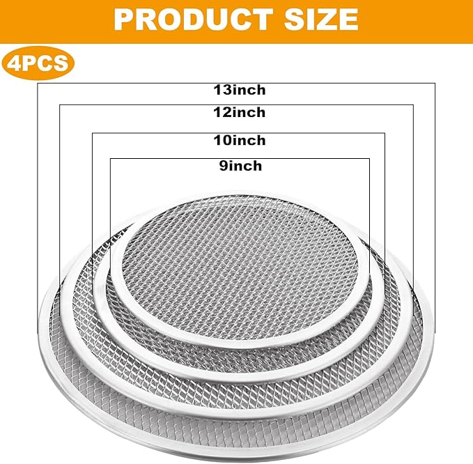 4 Pcs Pizza Screen, Non-Stick Aluminum Alloy Pizza Pan with Holes, Seamless Pizza Mesh Baking Tray for Indoor and Outdoor Baking (9Inch+10Inch+12Inch+13Inch)