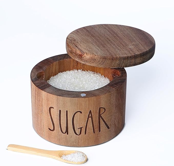 Acacia Wood Spice Box with Swivel Lid and Built-in Spoon for Kitchen Countertop,Farmhouse Kitchen Decoror for Storing Salt, Peppers, Sugar or Seasonings (Labeled “SUGAR”)