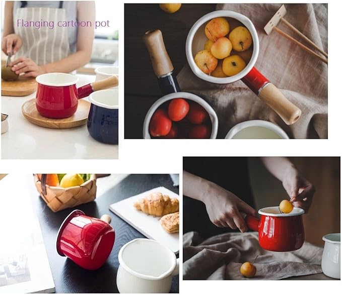 Mini Enamel Milk Pot 4 Inch 17 Oz Dual spout with Wooden Handle, Small Sauce Pan Perfect Size for Heating Smaller Liquid Portions (Red)