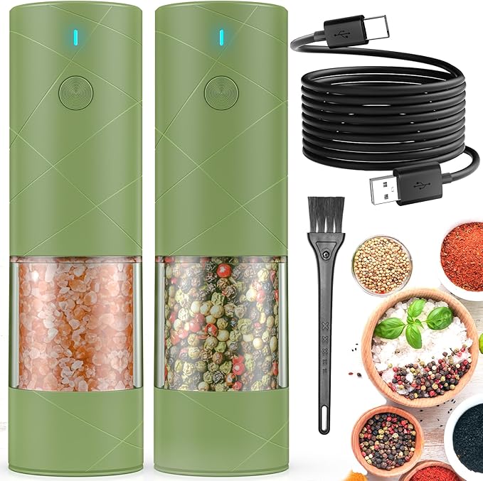 2Pack Electric Salt and Pepper Grinder Set USB Rechargeable with Warm LED Light, Adjustable Coarseness Lidaop Large Capacity Automatic Salt Pepper Mill Grinder for Kitchen, Restaurant, Outdoor, Green
