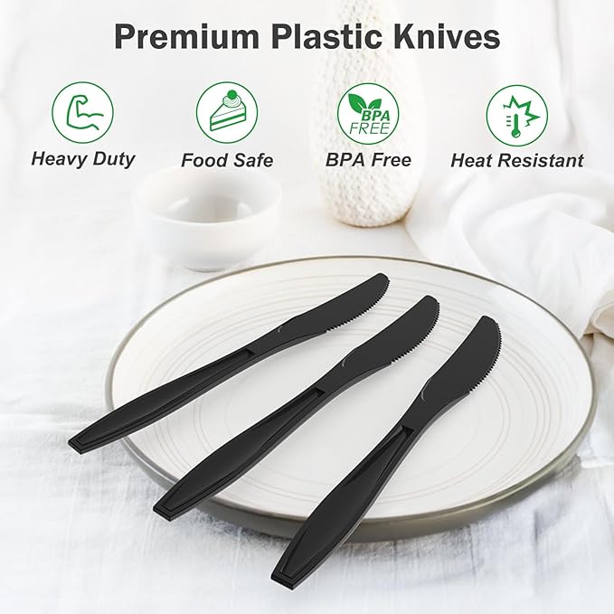 360 Count Extra Heavy Duty Black Plastic Knives Disposable, BPA-Free, Heat Resistant, Solid and Durable Disposable Knives Bulk, Premium Plastic Knives heavy duty for Party Supply