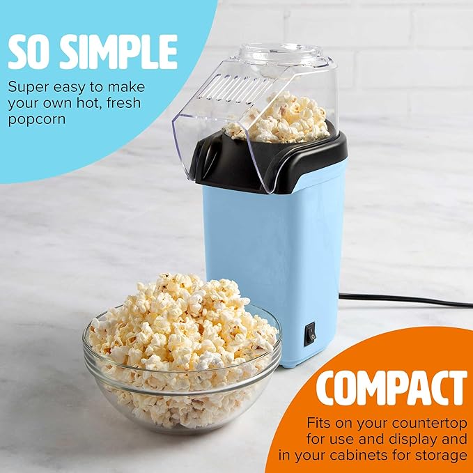 Tasty Hot Air Popcorn Popper, Healthy and Delicious Popcorn in Minutes, Fast and Easy-to-Use, Built-In Measuring Cup and Butter Warmer, 8 Cups, Blue