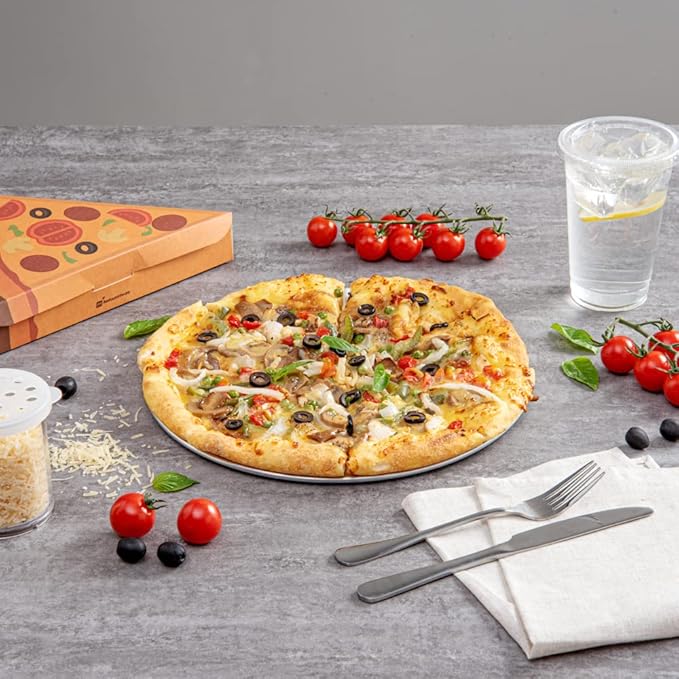 Restaurantware Met Lux 12 Inch Commercial Pizza Pan 1 Coupe Style Pizza Cooking Tray - Heavy-Duty 18-Gauge Aluminum Round Baking Tray Oven-Baking For Pizzas & More (Pack of 3)