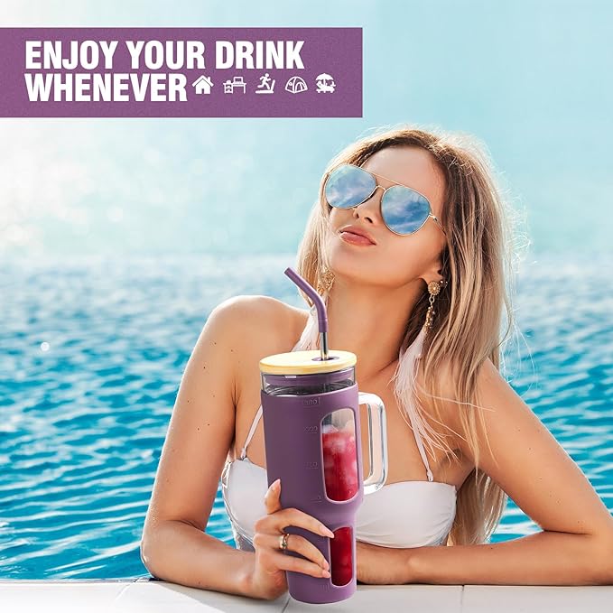 Glass Tumbler with Lid and Straw, 46 oz Iced Coffee Cup with Handle, Glass Water Bottles with Silicone Sleeve, BPA Free-Purple