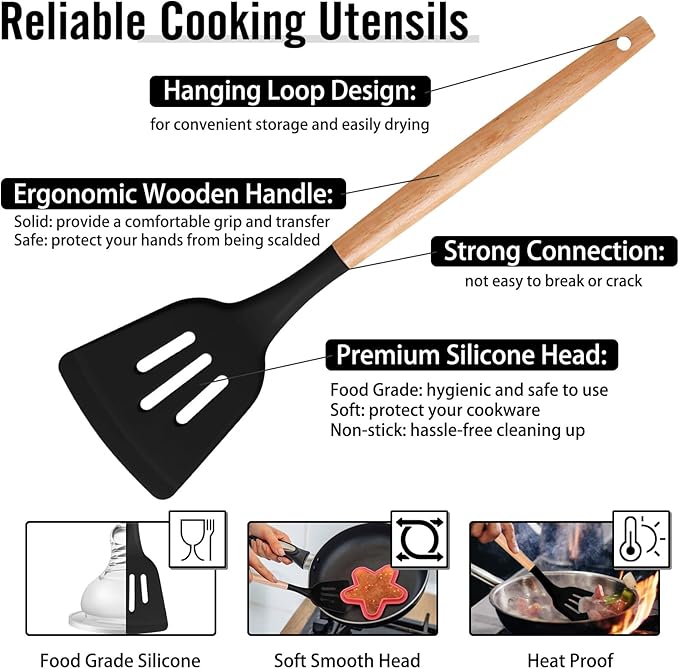 P&P CHEF Cooking Utensils Set, 6 PCS Kitchen Utensils with Wooden Handle, Silicone Spatula for Nonstick Cookware, Easy Clean & Non-toxic, Black