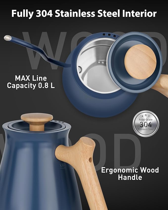 Harriet Gooseneck Electric Kettle - 1200W Fast Heat, 0.8L Stainless Steel, Precision Temp Control & Timer, Wood Handle, Pour Over Coffee and Tea, Blue