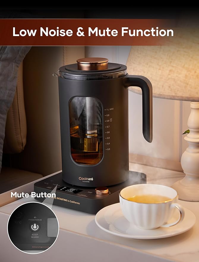 Electric Tea Kettle, INTASTING Glass Electric Kettle with tea Infuser and Precise knob temperature control, 1200W Fast Heating, BPA-Free, Easy to Clean, for Tea and coffee, 1 Liter (Dark Gray)