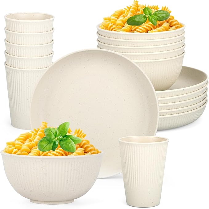 18PCS Wheat Straw Dinnerware Sets Unbreakable Reusable Dinnerware Set for 6, Microwave Dishwasher Safe Dinnerware for Outdoor Camping Dishes