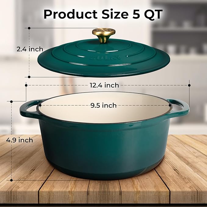 Zulay Kitchen 5 Quart Enameled Cast Iron Dutch Oven with Lid,Silicone Trivet & Heat Pad – Premium Durability & Oven Safe up to 500°F – Heavy Duty Cookware Perfect for Bread Baking, Stews, Braising & Roasting – Emerald