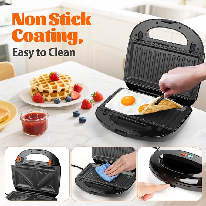 Aigostar Sandwich Maker Panini Press Grill, 3 in 1 Waffle Maker with Removable Non-stick Plates, Electric Grilled Cheese Maker, Portable Cool Touch Handle, Led Indicator Lights & Easy to Clean, 750W