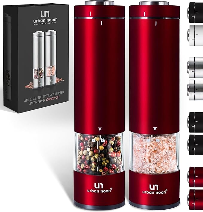 Electric Salt and Pepper Grinder Set - 2 Battery Operated Stainless Steel Mills with Light (Elegant Red Burgundy) - Automatic One Handed Operation - Electronic Adjustable Shakers - Ceramic Grinders