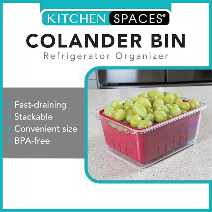Kitchen Spaces KSCB12-AMZ Colander Bin Stackable Food Storage Organizer for Fridge, Freezer, and Pantry, 8.8" x 6.8" x 3.9", Red & Clear