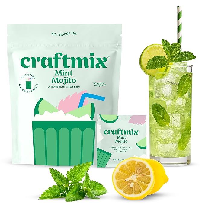 Craftmix Mint Mojito, Makes 12 Drinks, Rum Cocktail Mixers, Instant Skinny Cocktail and Mocktail Mix - Made With Real Fruit - Vegan Low-Carb, Low-Sugar, Non-GMO, Dairy Free, Gluten Free, Easy to Mix