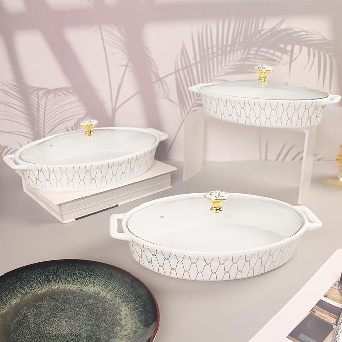 10" x 7" Ceramic Oval Casserole Dish with Glass Lid, 30 Ounce Serving Soup Tureen,Chafing Dish for Buffet, Family Food preserve Tray, Catering Casserole for Party Style