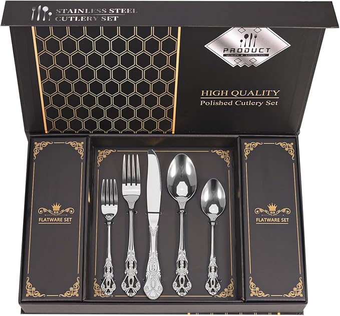 Retro Royal Silverware Set With Gift Box, 60-Pieces Cutlery Set Utensils Stainless Steel Flatware For 12 MIKIWAY Kitchen Tableware Set For Gifts Festive, Dishwasher Safe, Mirror Polishing