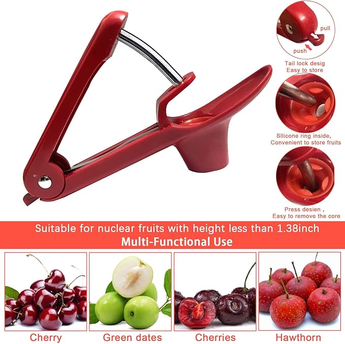 Cherry Pitter, Stainless Steel Olive and Cherries Pitters Corer Tool with Space-Saving Lock Design, Multi-Function Fruit Pit Remover for Cherry Jam (Red)