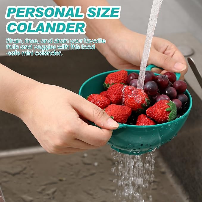 Baderke 4 Pack Mini Colander for Kitchen Plastic Berry Strainer with Double Handles 7.5 x 6 x 3 Inch Small Colander Strainer for Fruits Vegetables Food(Light Blue, Army Green, White, Blue)