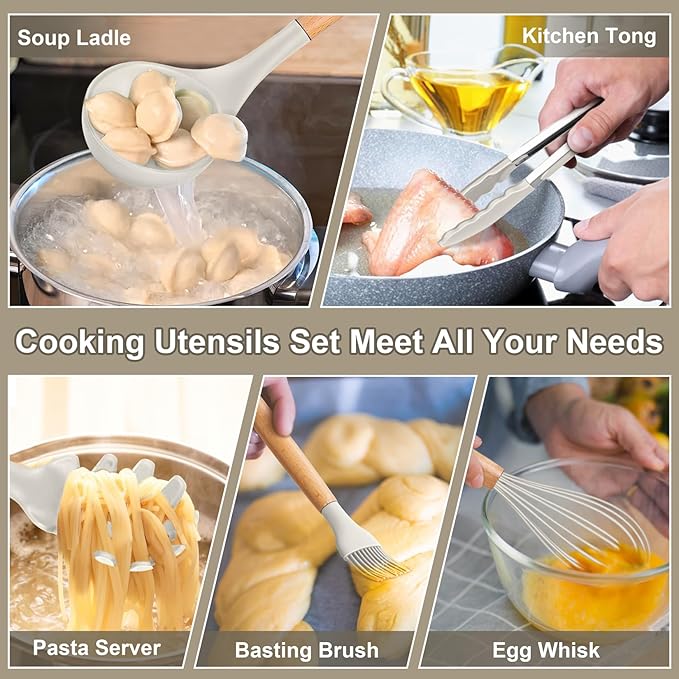 P&P CHEF Silicone Cooking Utensils Set, 12PCS Kitchen Utensils Set with Wooden Handle for Nonstick Cookware, Ladle, Spoon, Spatula, Tong, Heat-resistant & Non-scratch, Non Smell & Healthy, Khaki