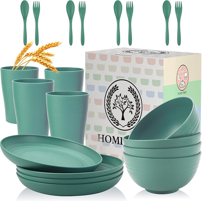Homienly Wheat Straw Dinnerware Sets, 20pcs Unbreakable Microwave Dishwasher Safe Tableware Lightweight Bowls, Cups, Plates Set Reusable Dinner Plates Bowls set (Green)