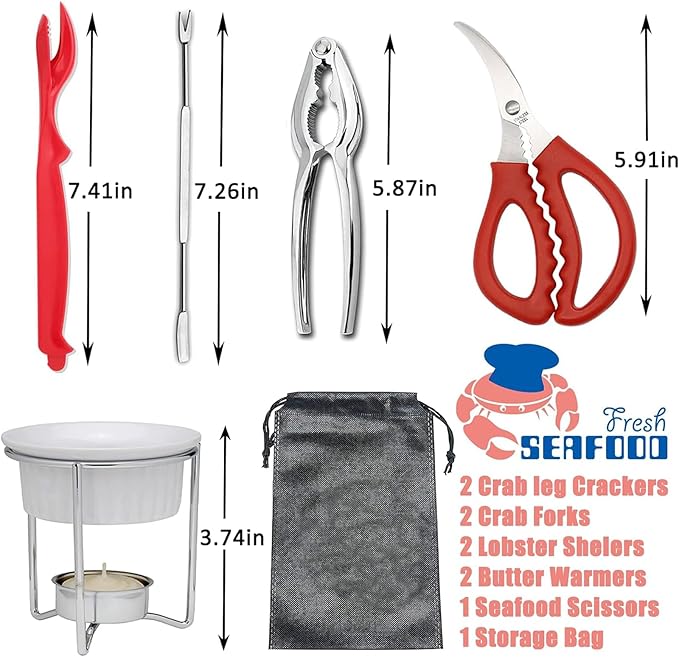 10PC Crab Lobster Crackers Tools, Butter Warmers for Seafood Tools Set Includes 2 Crab Crackers, 2 Lobster Shellers, 2 Crab Leg Forks, 1 Seafood Scissors, 2 Butter Warmers and 1 Storage Bag