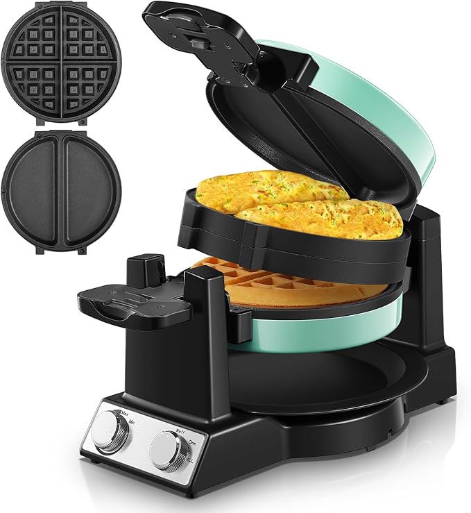 FOHERE 2-in-1 Waffle Maker & Omelette Maker, 1400W Double Belgian Waffle Iron 180° Flip, Adjustable Browning Control, Rotating & Nonstick Pans, Removable Drip Tray, Cool Touch Handle (Mint Green)