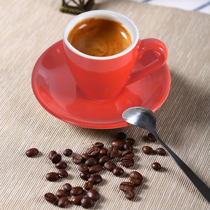 Porcelain Espresso Cup with Saucer And Stainless Steel mini Spoons, Espresso shot Cup, 80ml/2.7Oz, Pack of 2, Red