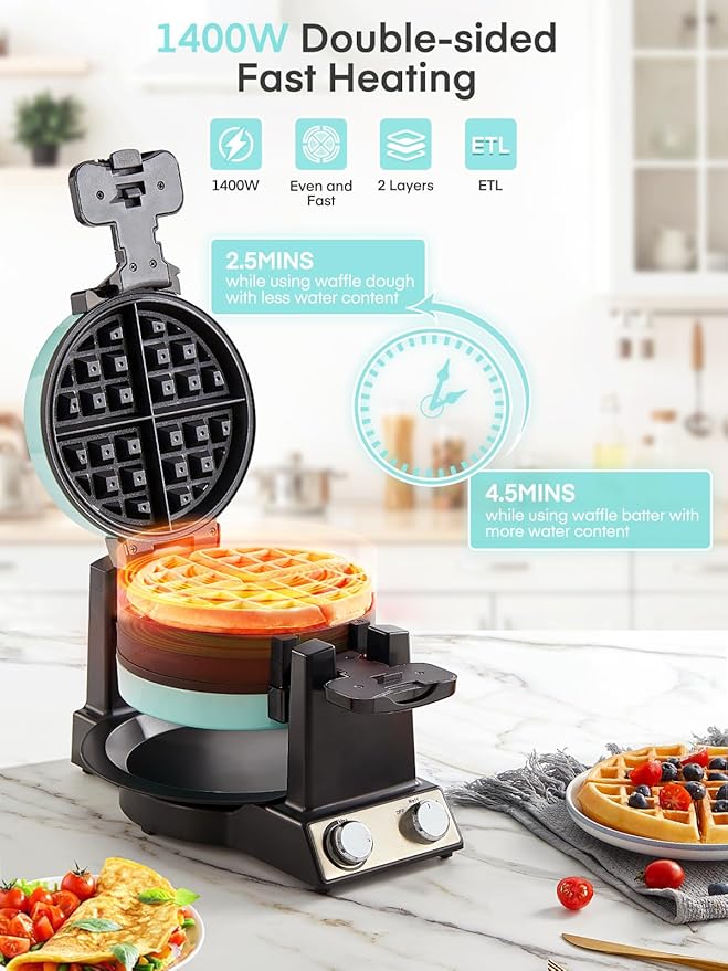 FOHERE 2-in-1 Waffle Maker & Omelette Maker, 1400W Double Belgian Waffle Iron 180° Flip, Adjustable Browning Control, Rotating & Nonstick Pans, Removable Drip Tray, Cool Touch Handle (Mint Green)