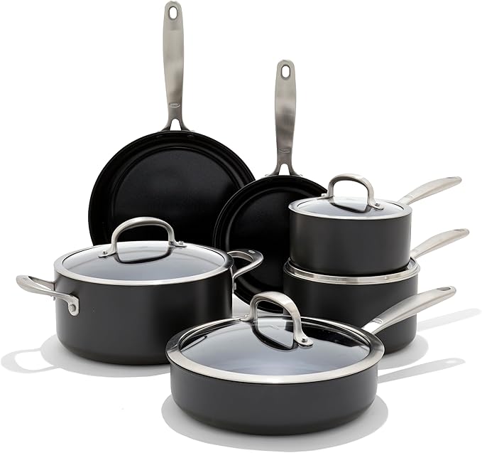 OXO Good Grips Pro 10 Piece Cookware Pots and Pans Set, 3-Layered German Engineered Nonstick Coating, Stainless Steel Handle, Dishwasher Safe, Oven Safe, Black